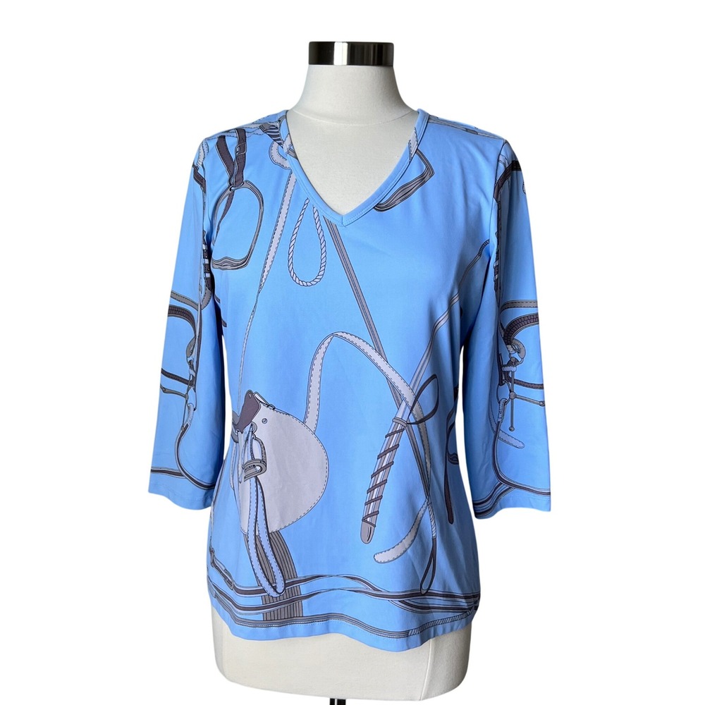 J.McLaughlin Cataline Cloth Blue Equestrian Print V-Neck 3/4 Sleeve Top Womens L